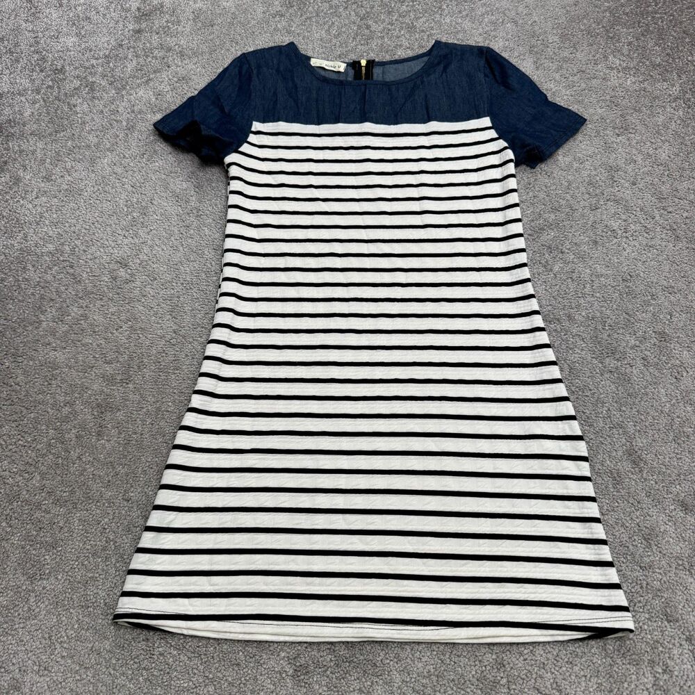 Noble U Chambray Denim Shift Dress Womens Small Blue White Striped Short Sleeve
